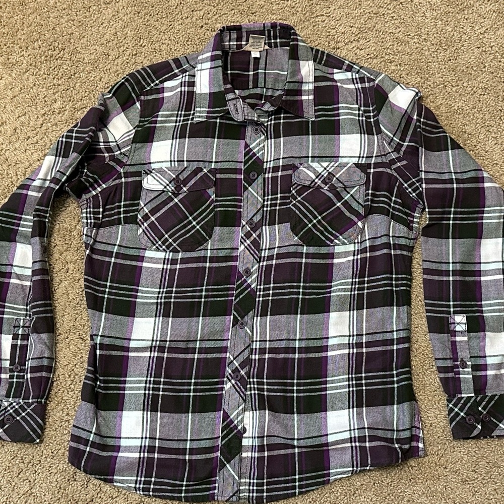 Duluth Trading Co Button Up Purple/Grey/White Flannel Size Large